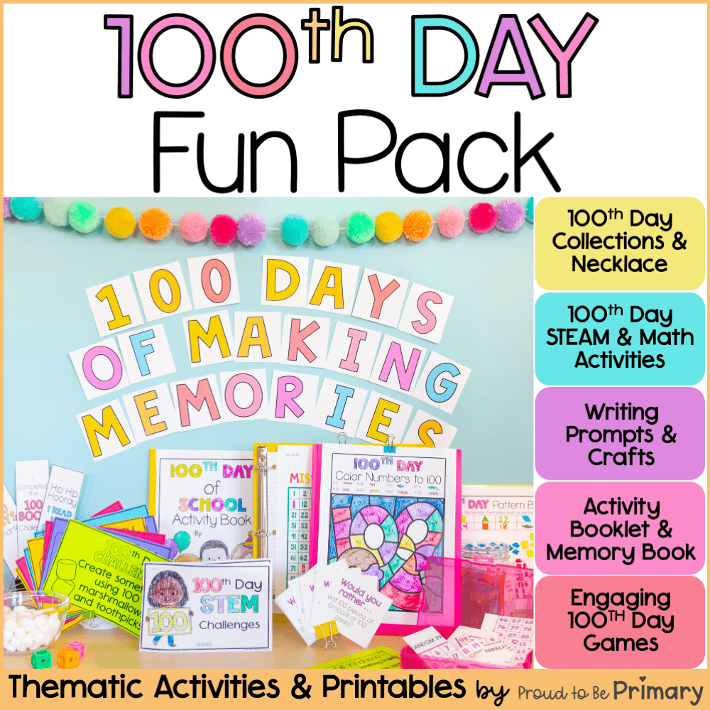 100th Day Activities - 100 Days of School Craft, Math, Games, Bulletin Board