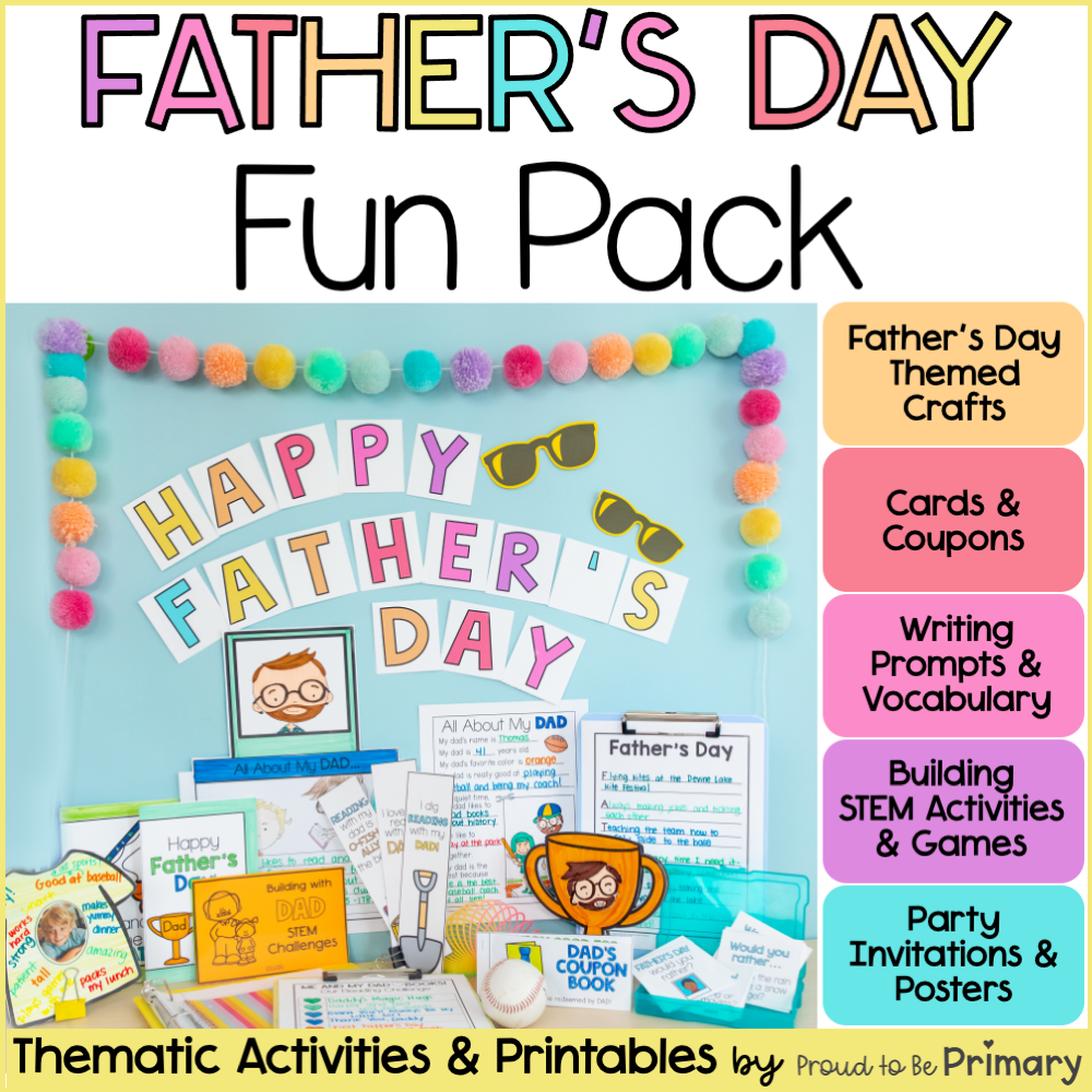 Fathers Day Questionnaire, Poem, Writing Activities, Card Template, Coupon Book, Games