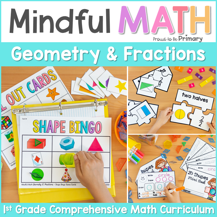 Geometry 2D Shapes and 3D Solids & Fractions - First Grade Mindful Math