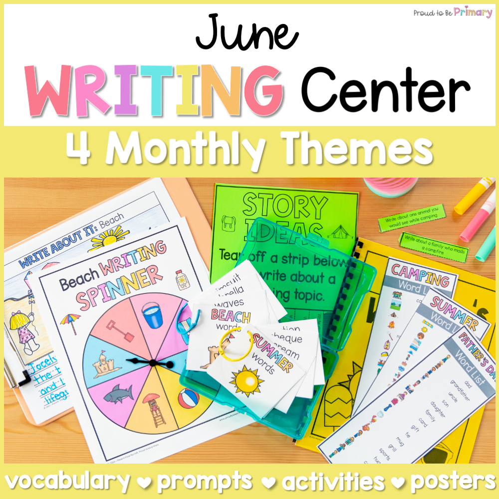 June Writing Center Activities, Posters, Prompts - Summer, Beach, Camping