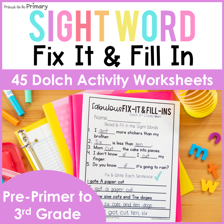 Dolch Sight Word Activities Fill in the Blank Correct Fix the Sentence Worksheet