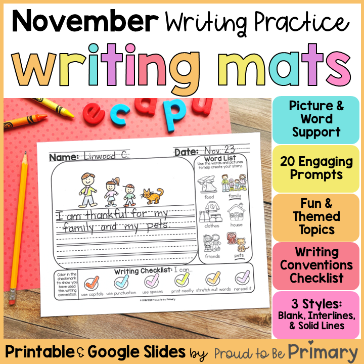 Fall November Thanksgiving Writing Center Prompts, Paper, Journal Activities