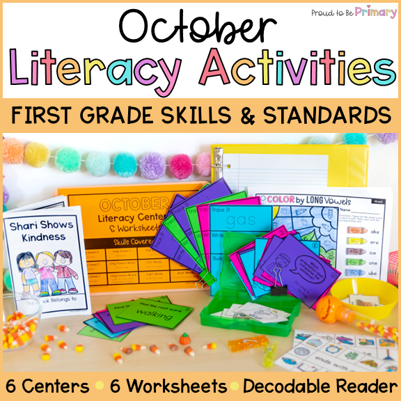 October 1st Grade Literacy Centers, Worksheets & Decodable Reader for Fall