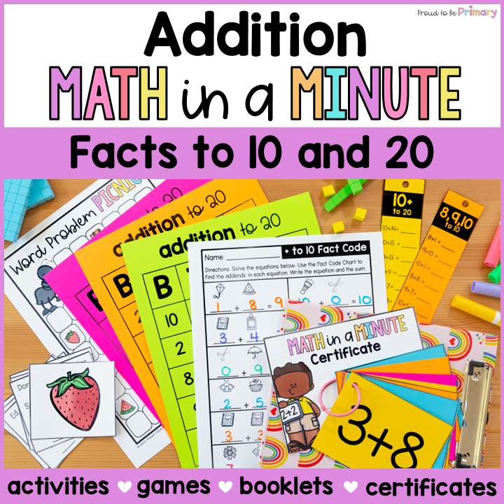 Addition Within 10 20 Math Facts 1st 2nd Grade Math Review Worksheets Packet