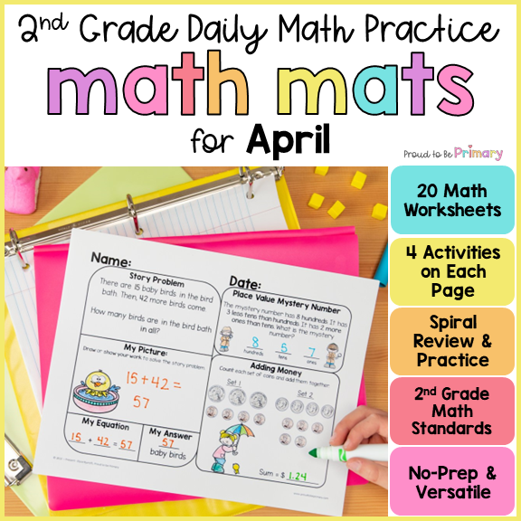 April Math Spiral Review Worksheets for 2nd Grade