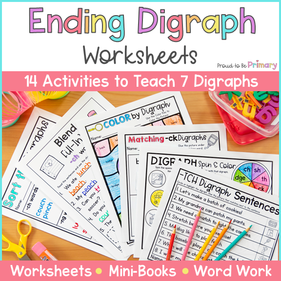 Ending Digraph Worksheets, Word Work, & Readers: ch, th, sh, ck, tch, ng, dge