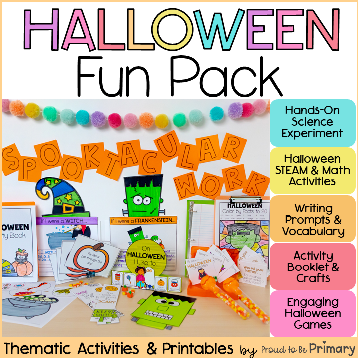 Halloween Party Fun Packet, Bulletin Board, Writing Prompts, Craftivity, Games