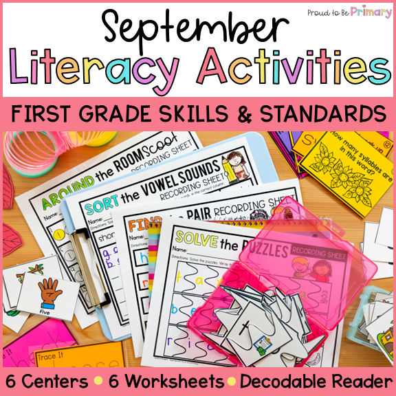 1st Grade September Literacy Centers, SOR Worksheets, & Short Vowel Picture Sort