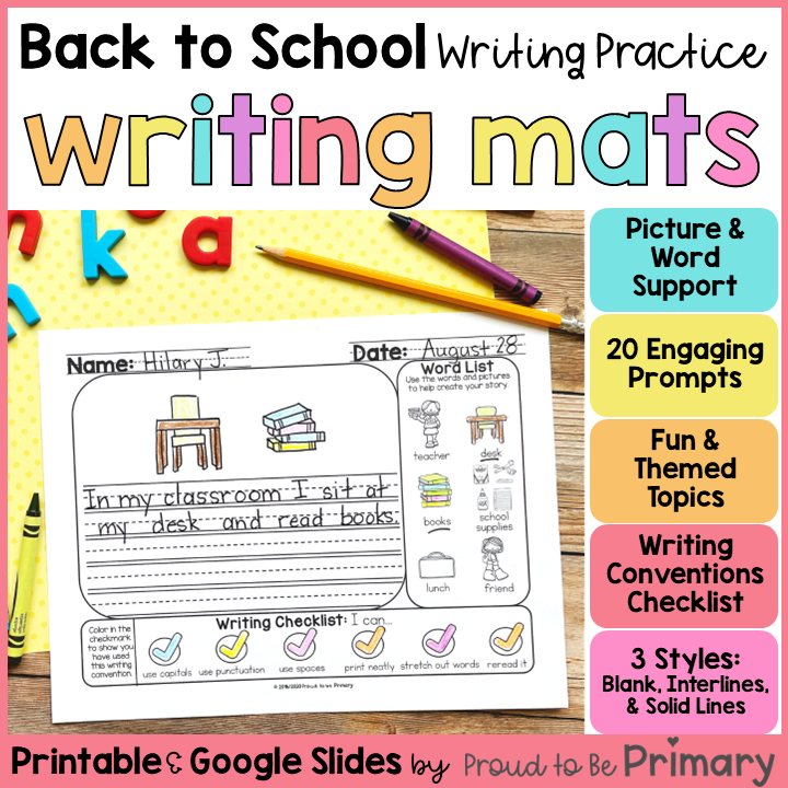 Back to School Writing Prompts, Paper, Journal Activities for Writing Center