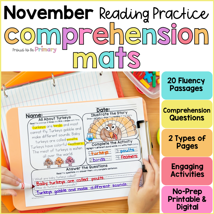 Fall November Thanksgiving Reading Fluency Comprehension Passages & Morning Work