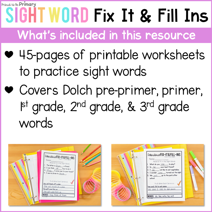 Dolch Sight Word Activities Fill in the Blank Correct Fix the Sentence Worksheet