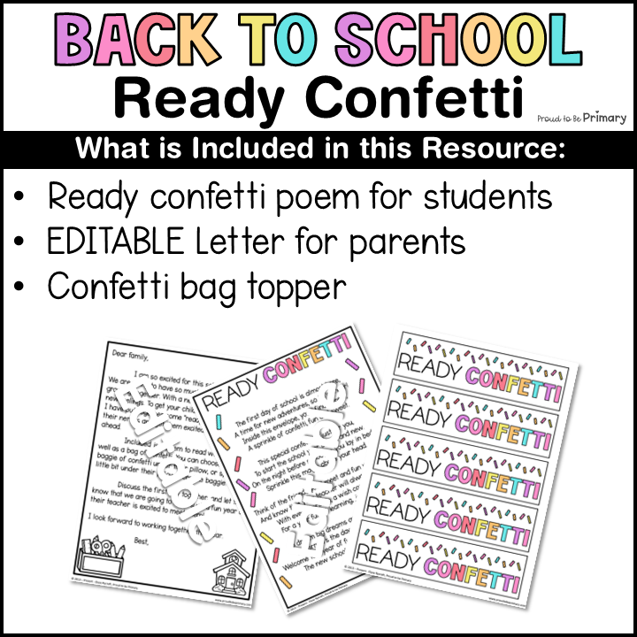 Ready Confetti Tag & Poem Welcome Back to First Day of School Letter to Parents