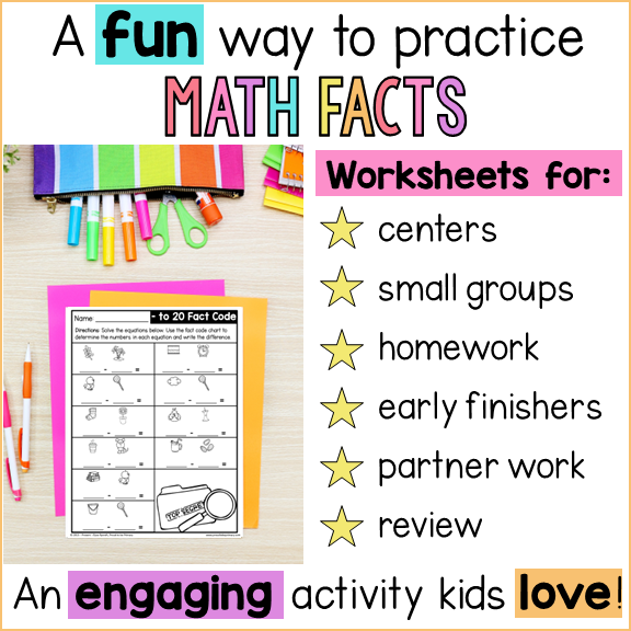 Math Crack the Secret Code Addition Subtraction Worksheets Activities to 10 20