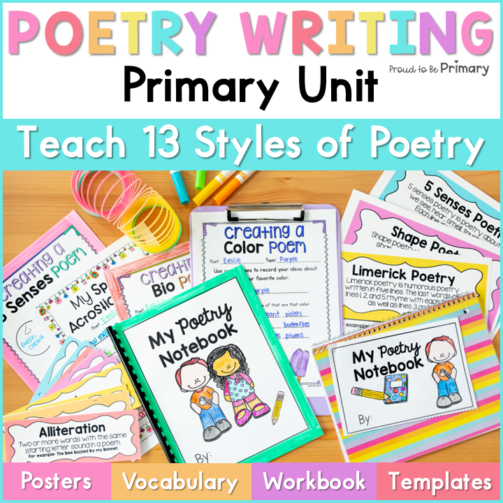 Poetry Writing Unit Poetry Comprehension Activities, Poetry Notebook, Posters for Primary - Acrostic Shape Poem Template