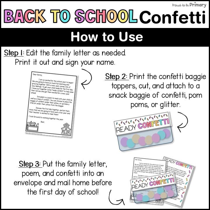 Ready Confetti Tag & Poem Welcome Back to First Day of School Letter to Parents