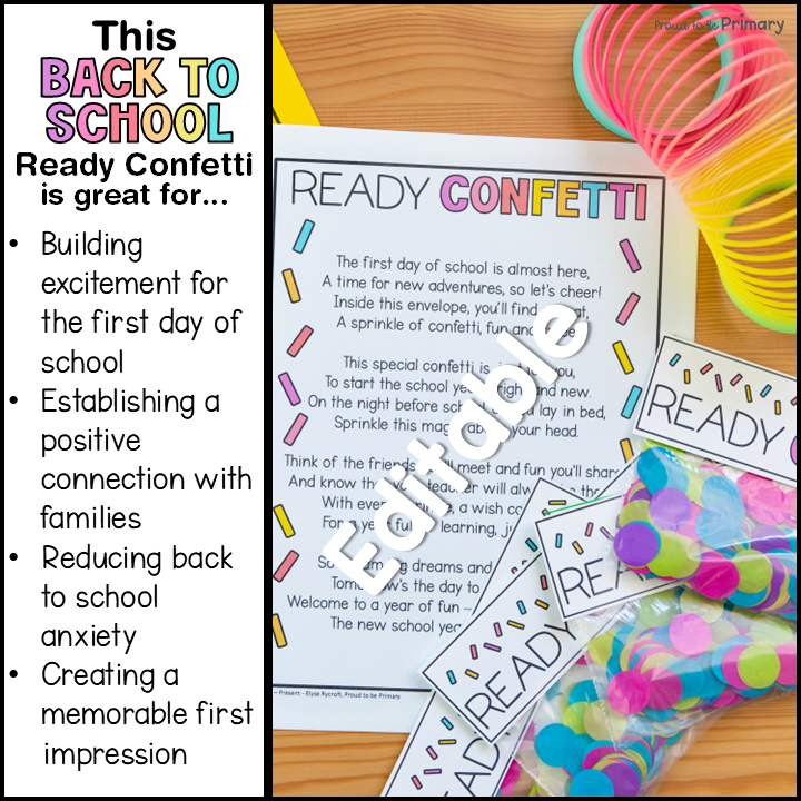 Ready Confetti Tag & Poem Welcome Back to First Day of School Letter to Parents