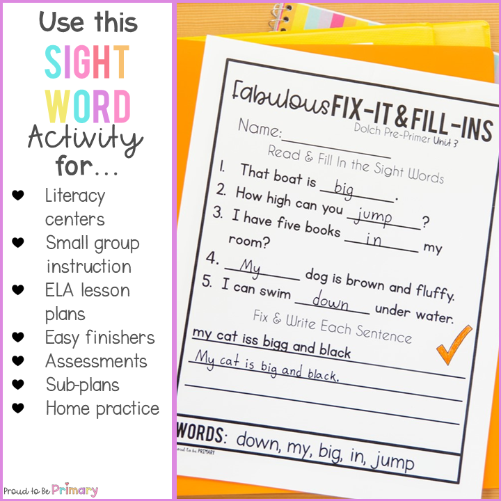 Dolch Sight Word Activities Fill in the Blank Correct Fix the Sentence Worksheet