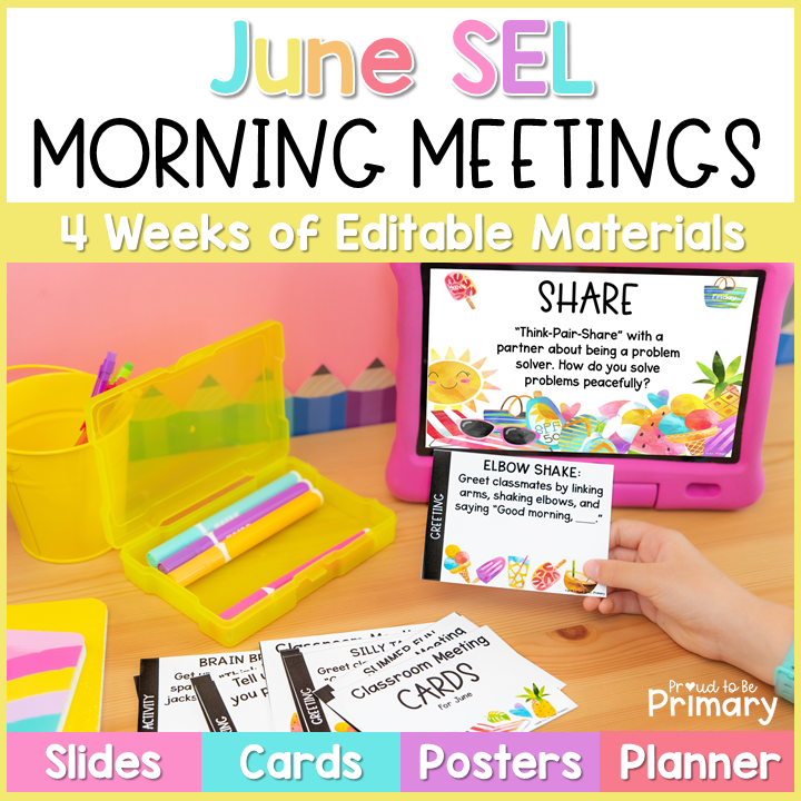 June End of the Year SEL Morning Meeting Google Slides Activities Greetings Games Questions