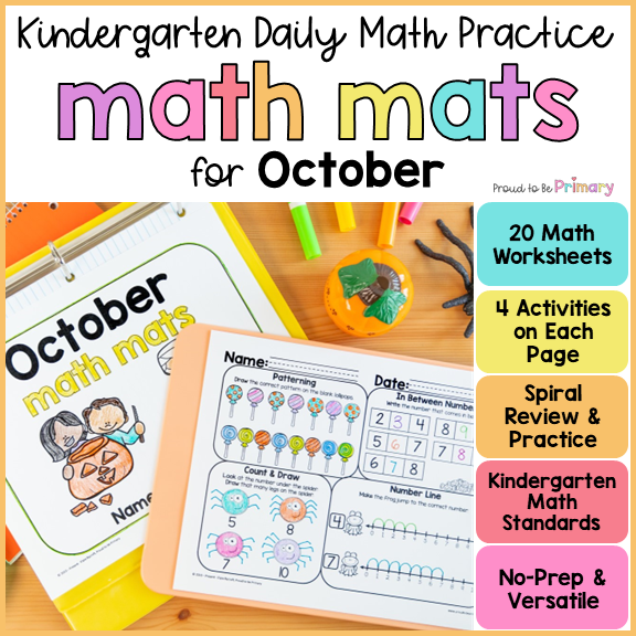 October Fall Kindergarten Math Spiral Review Activities, Worksheets, Sub Plans