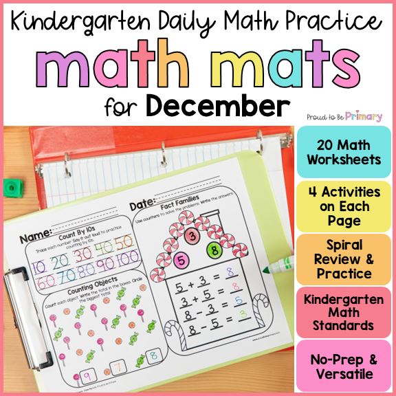 December Christmas Holiday Kindergarten Math Spiral Review Activity Worksheets Packet