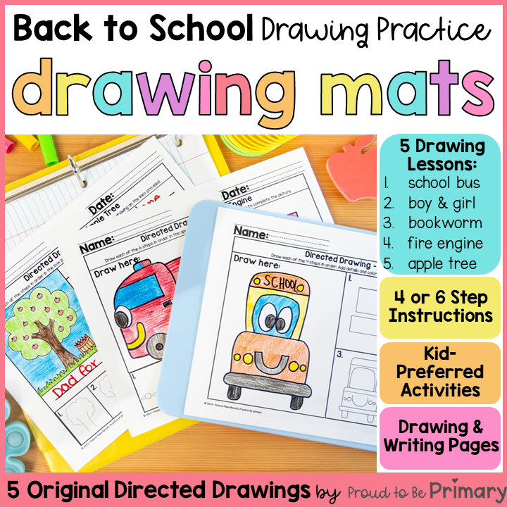 Back to School Fall Directed Drawing - School Bus, Kid Self Portrait, Apple Tree