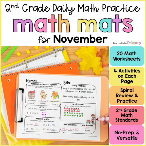 November Fall 2nd Grade Math Spiral Review Activities, Worksheets, Sub Plans