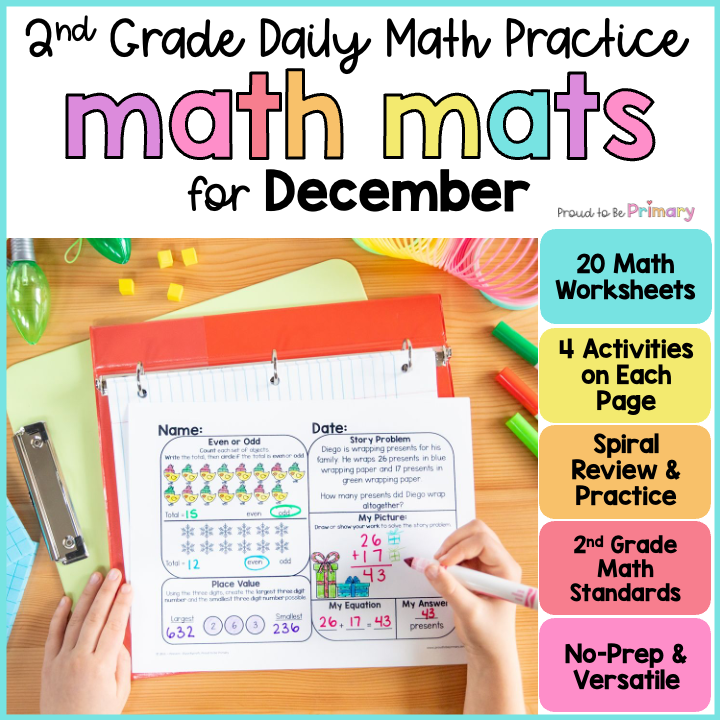 December Christmas Holiday 2nd Grade Math Review Activity Worksheets Packet