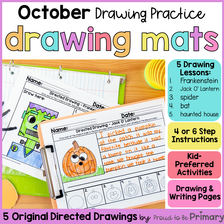 Halloween Fall Directed Drawing - Frankenstein Haunted House Spider Bat Pumpkin