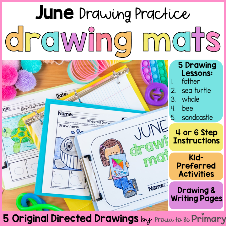 June Summer Directed Drawing Writing Art Activities - Fatherโs Day, Sea Turtle, Honey Bee, Whale