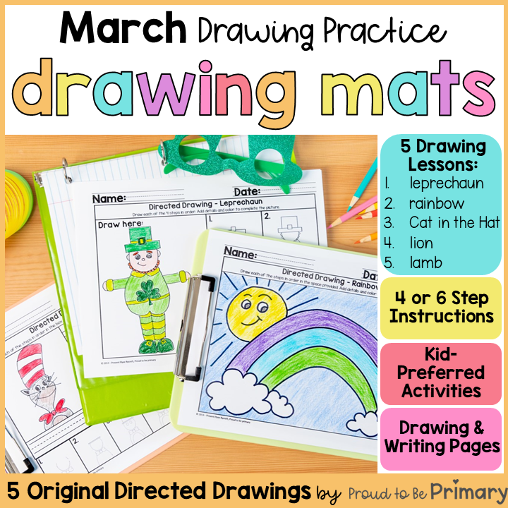 Spring Directed Drawings for March | How to draw a leprechaun, rainbow, lion, lamb, cat in hat