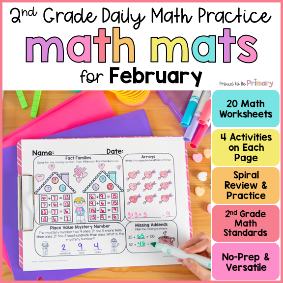 February Winter Math Worksheets Activities 2nd Grade Valentines Day Math Spiral Review
