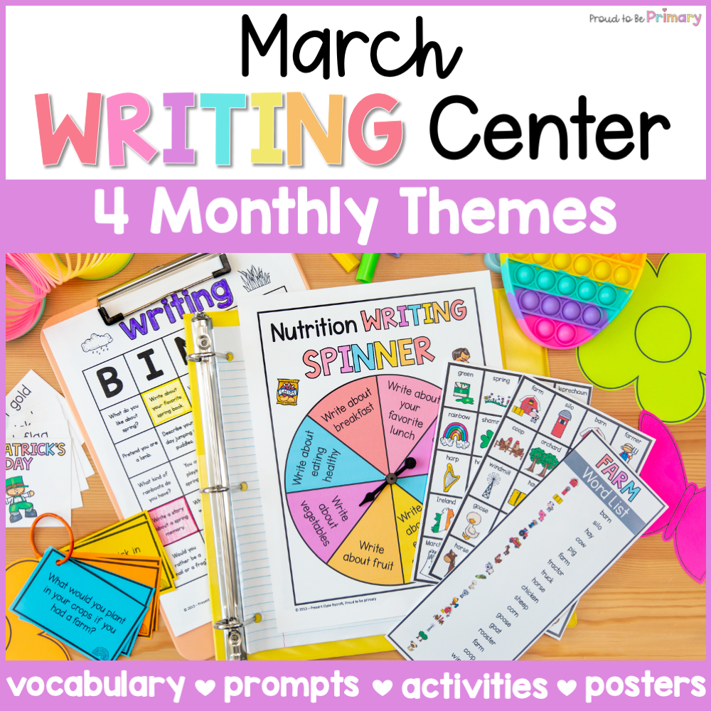 Spring Writing Center Prompts, Activities, Posters- St. Patrick's Day, Farm