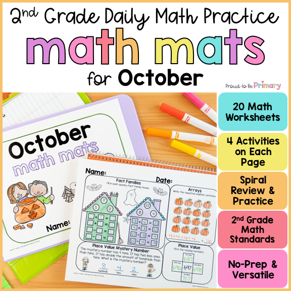 October Fall 2nd Grade Math Spiral Review Activities, Worksheets, Sub Plans