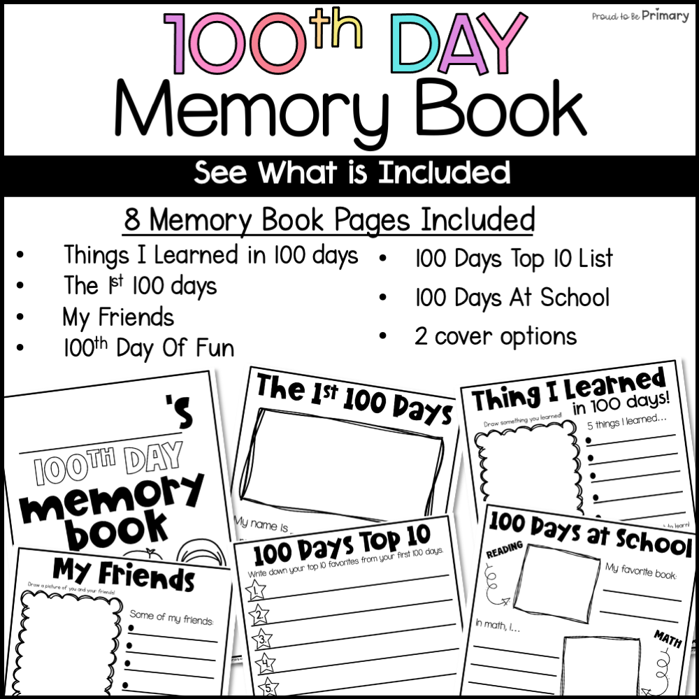 100th Day of School Memory Book 100 Days Writing Prompts Coloring Pages Posters