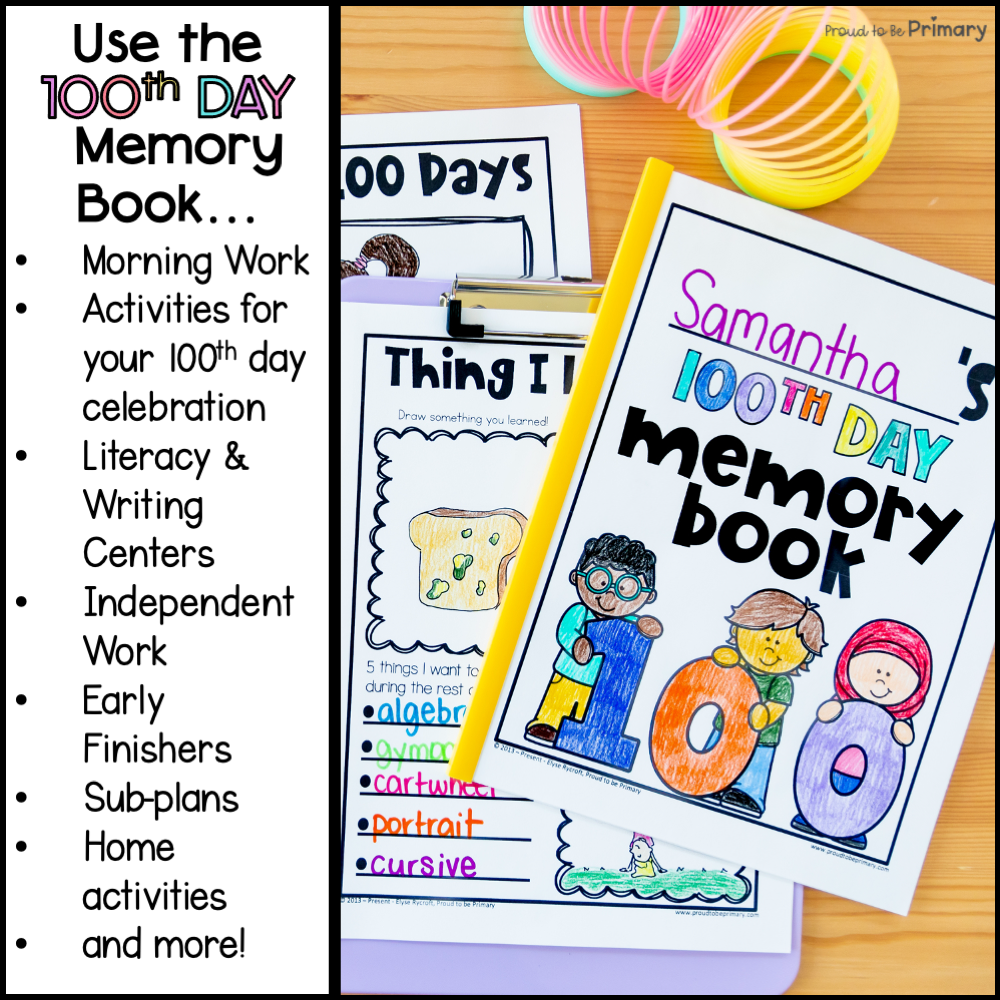 100th Day of School Memory Book 100 Days Writing Prompts Coloring Pages Posters