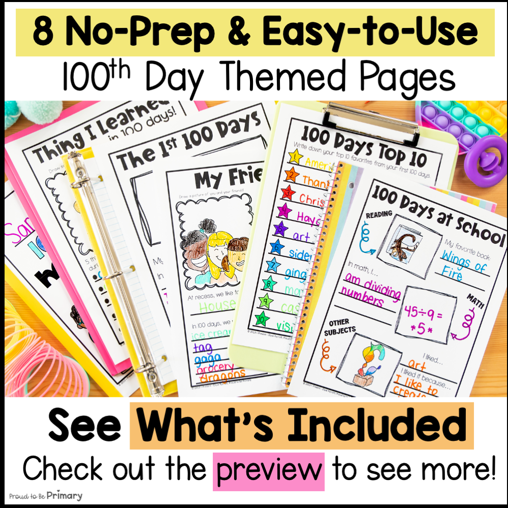 100th Day of School Memory Book 100 Days Writing Prompts Coloring Pages Posters