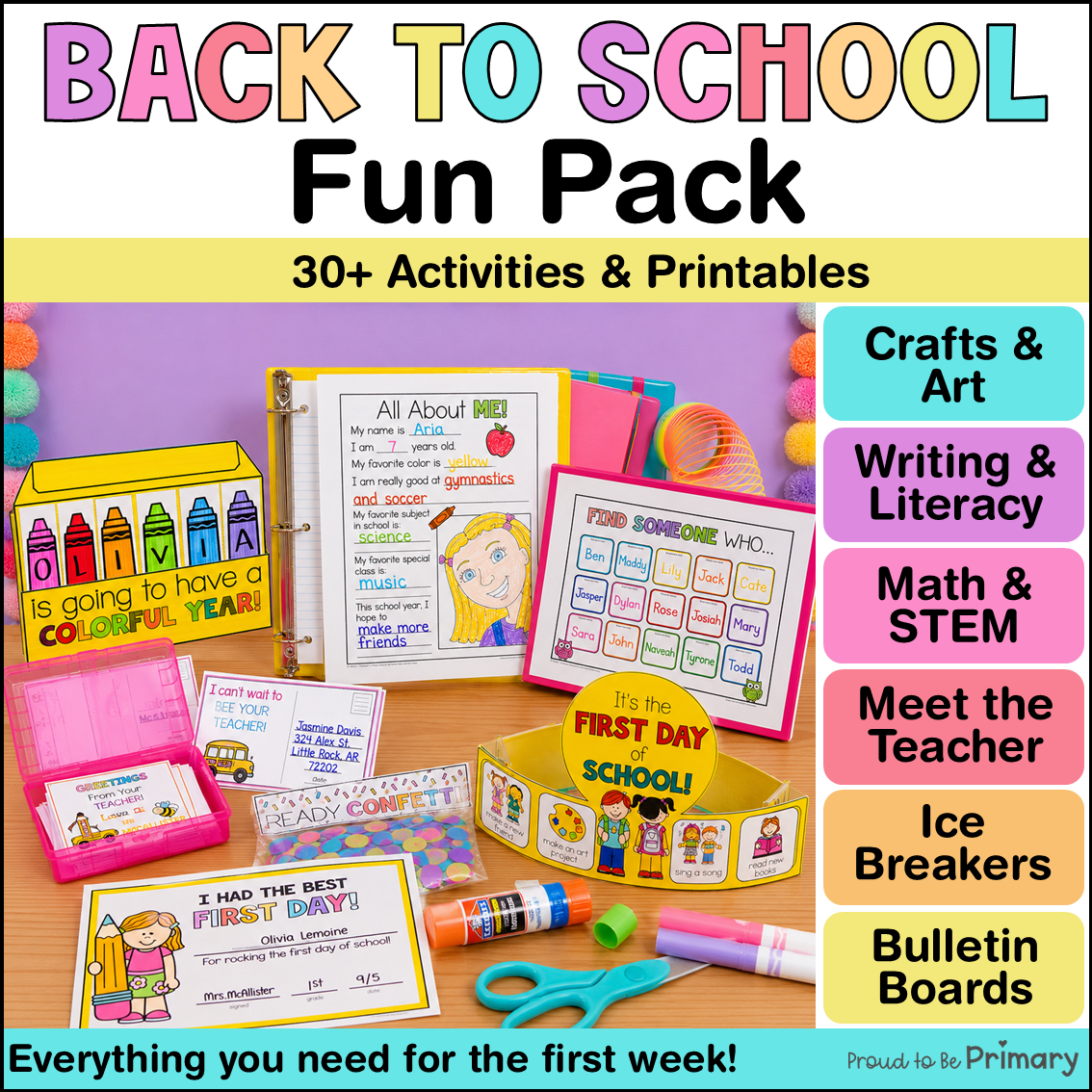 Back to School First Week Day of School Name Craft Crown Math Writing Activities