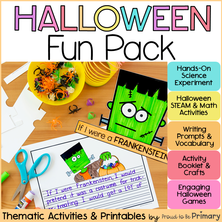 Halloween Party Fun Packet, Bulletin Board, Writing Prompts, Craftivity, Games