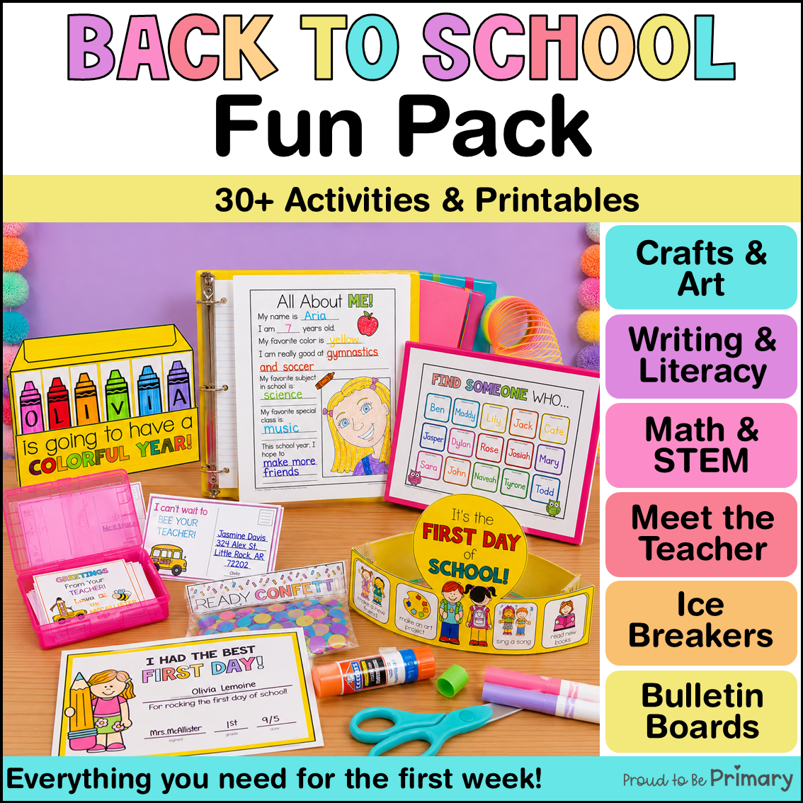 Back to School First Week Day of School Name Craft Crown Math Writing Activities