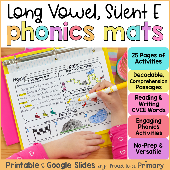Long Vowel CVCE Silent E Worksheets, Decodable Passages & Phonics Activities