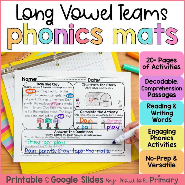 Long Vowel Teams Worksheets, Decodable Passages, & Phonics Activities