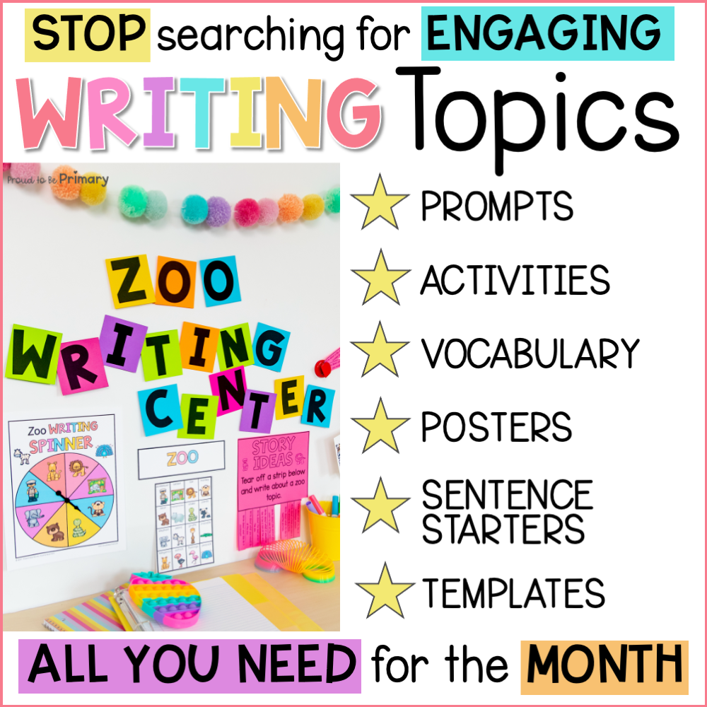 May Writing Center Activities, Posters, Prompts - Zoo, Picnic, Fairy Tales
