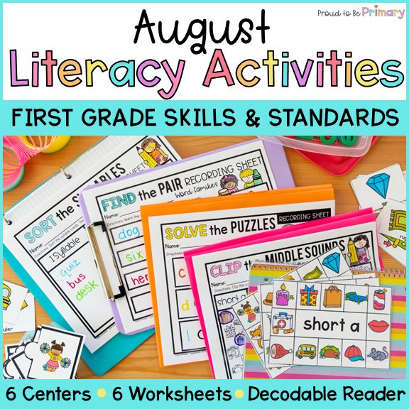 1st Grade Literacy Centers, Worksheets & Decodable Reader for Back to School