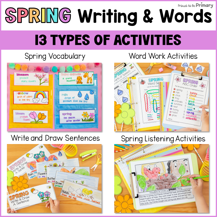 Spring April May Writing Prompts Activities, Word Work - Opinion, Creative, Poem