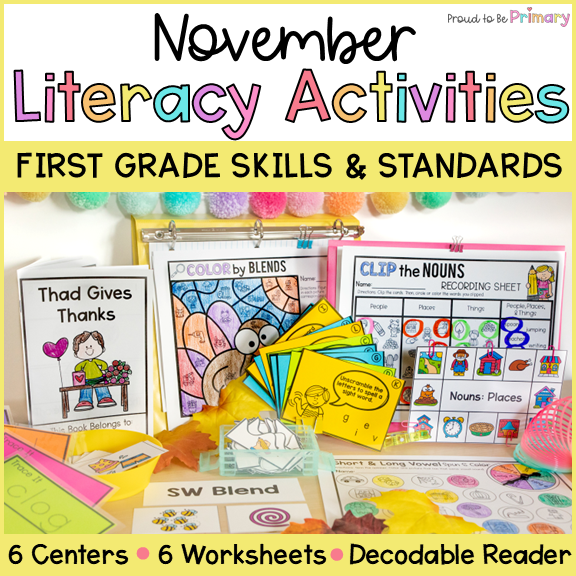 November 1st Grade Literacy Centers, Worksheets & Decodable Reader for Fall