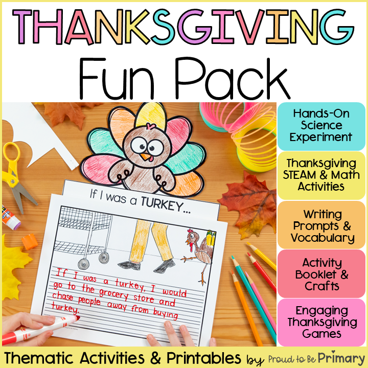 Thanksgiving Activities - Turkey Crafts, Games, Bulletin Board - Math & Literacy