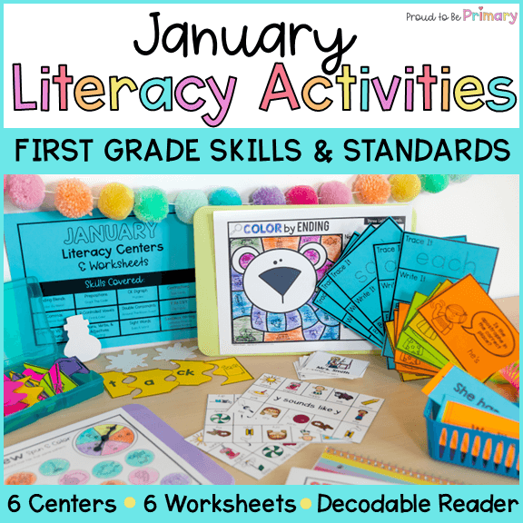 January 1st Grade Literacy Centers, Worksheets & Decodable Reader for Winter