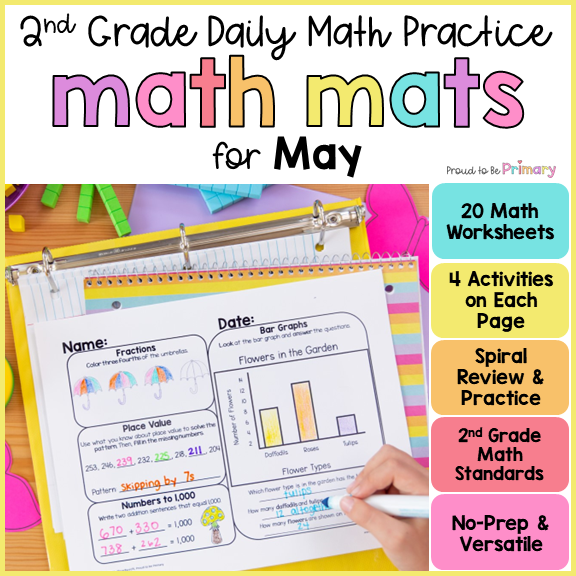 May Math Spiral Review Worksheets for 2nd Grade