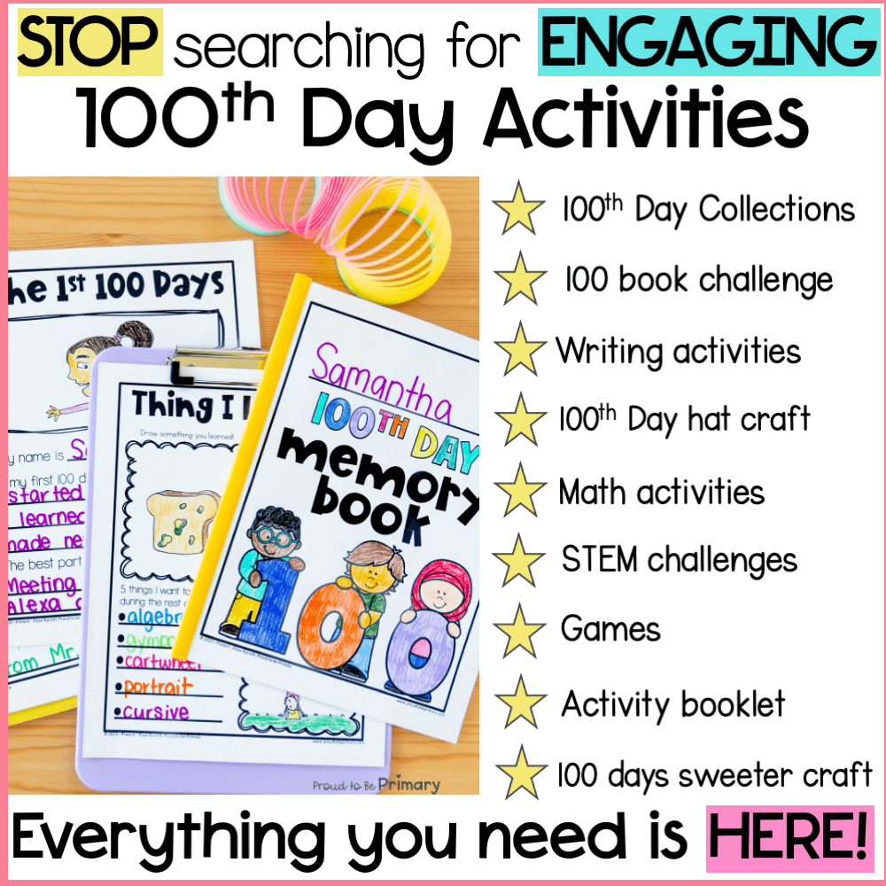 100th Day Activities - 100 Days of School Craft, Math, Games, Bulletin Board