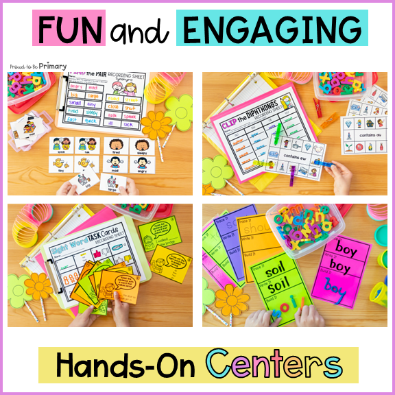 May 1st Grade Diphthong, Vowel Teams, Syllables Literacy Centers & Worksheets